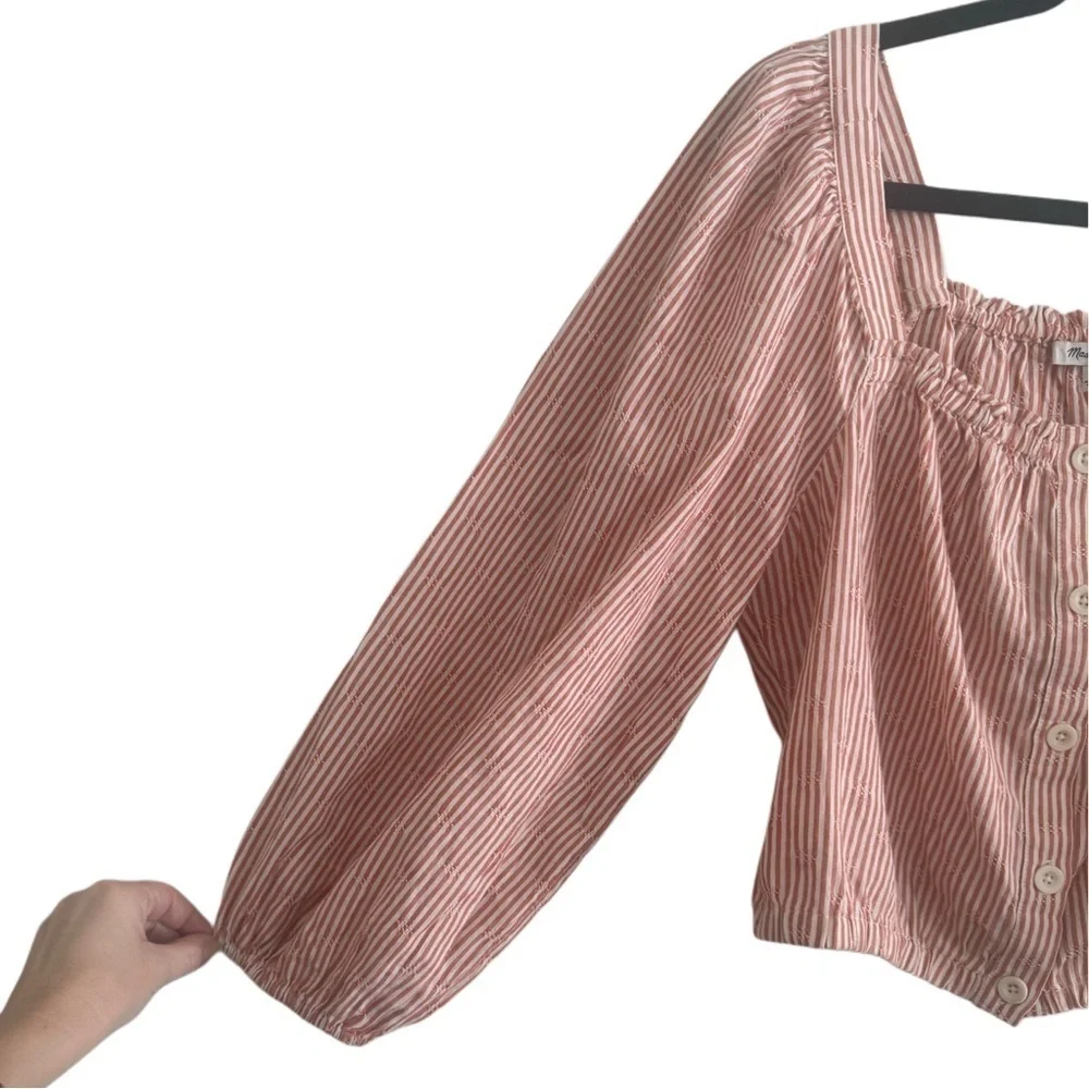 Madewell Puff Sleeve Button Front Cropped Embroidered Stripe Size Medium
